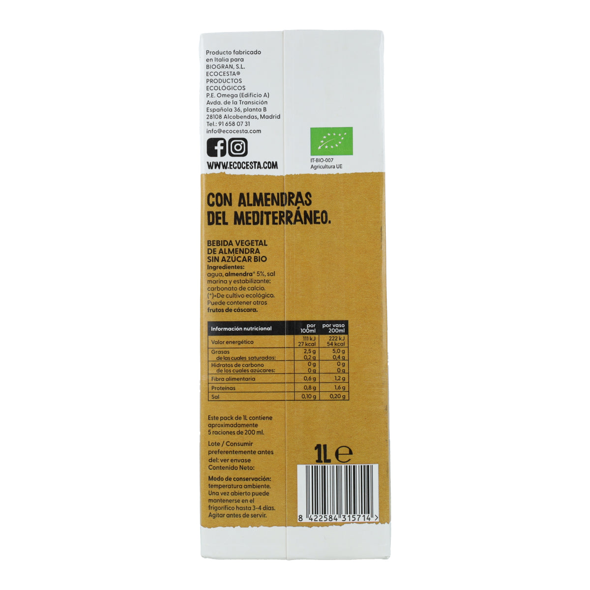 Biologische amandeldrank 0% suiker, 1 l Ecocesta