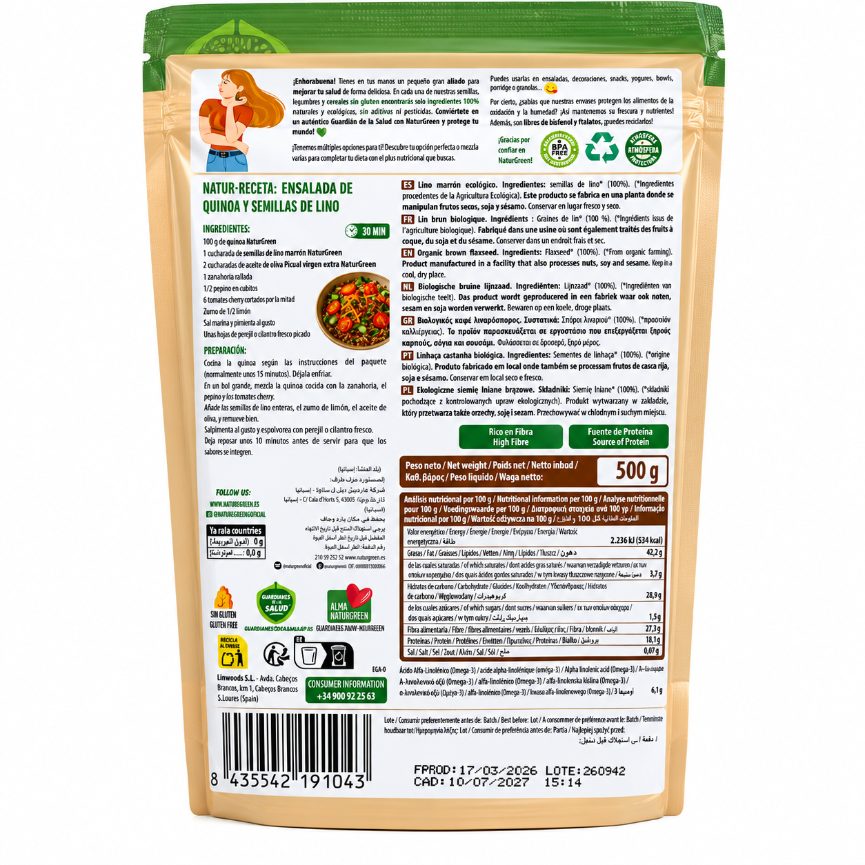 Biologische bruine lijnzaad Naturgreen 500 g