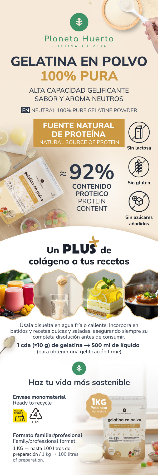 Neutrale gelatinepoeder, bron van collageen Planeta Huerto 1 kg