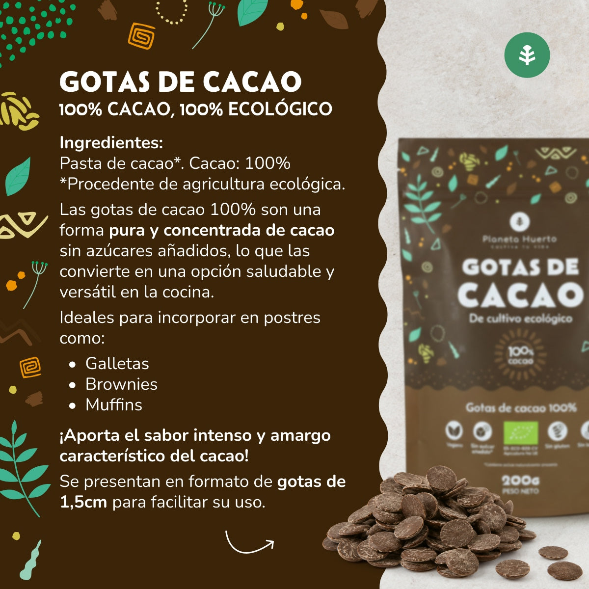 Chocoladedruppels 100% cacao ECO Planeta Huerto 200 g