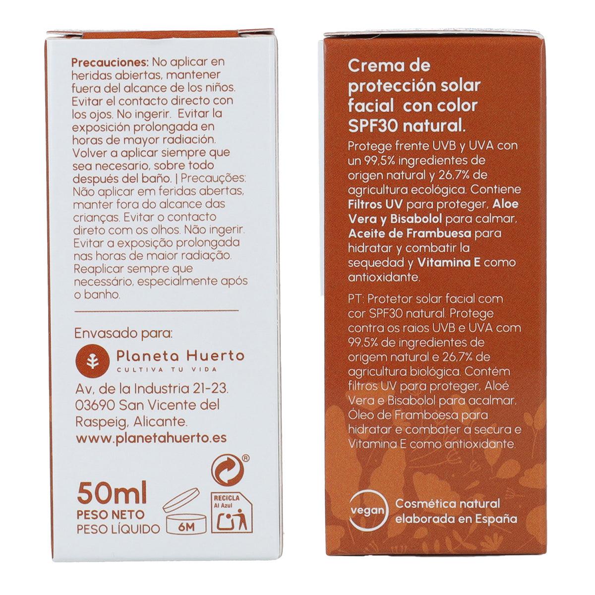 Gekleurde gezichtszonnebrandcrème 100% mineraal SPF30 Planeta Huerto 50 ml