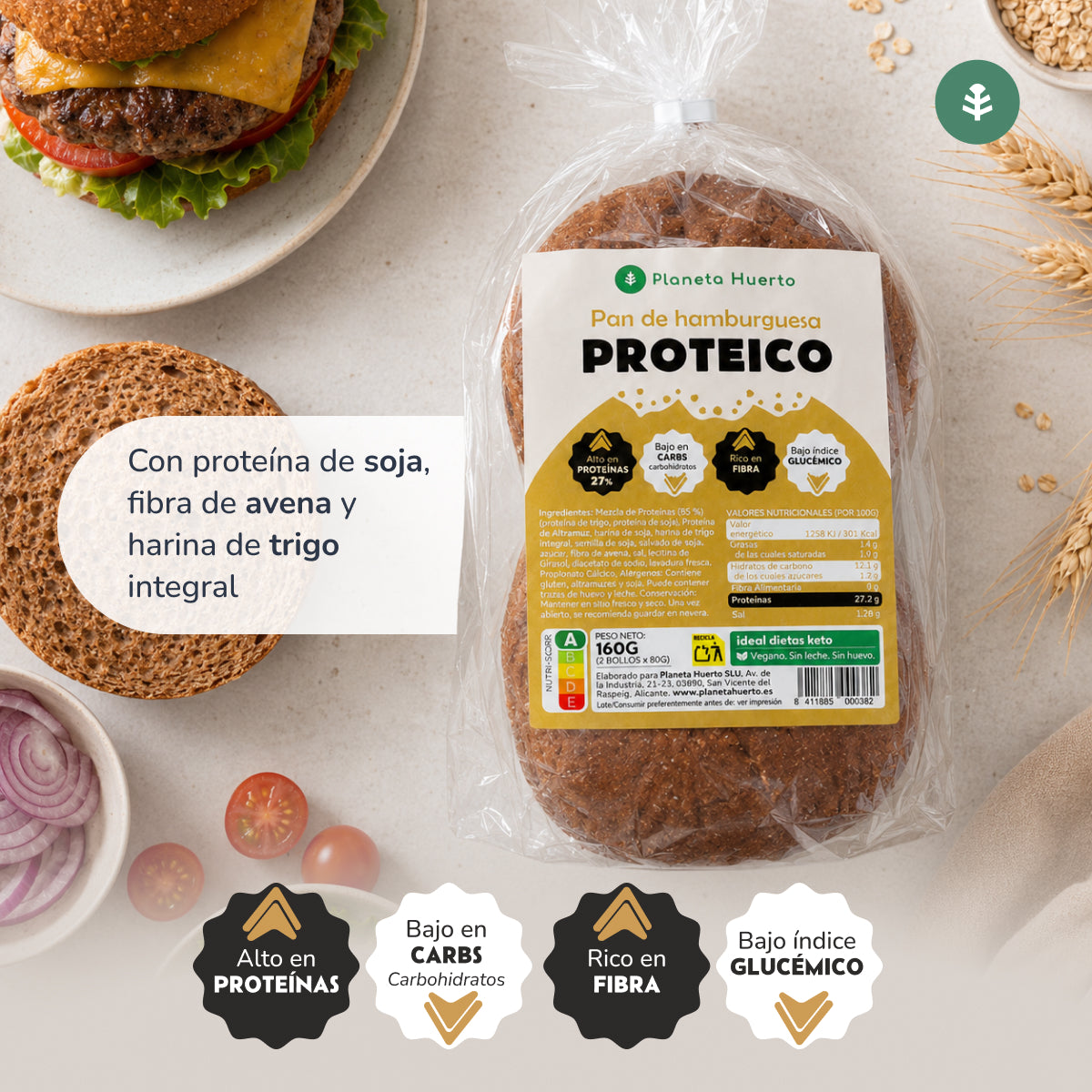 Eiwit hamburgerbroodje Planeta Huerto, 2 x 80 gram